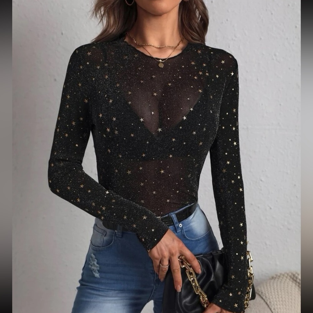 Star mesh shirt top blouse sheer transparent sexy black gold star sequins - Picture 2 of 9